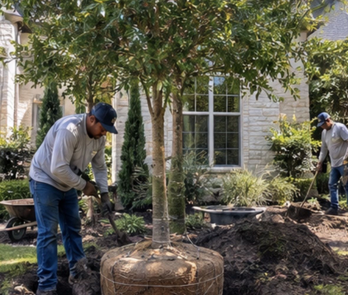 Planting crew setting a new tree in the front yard of a home
