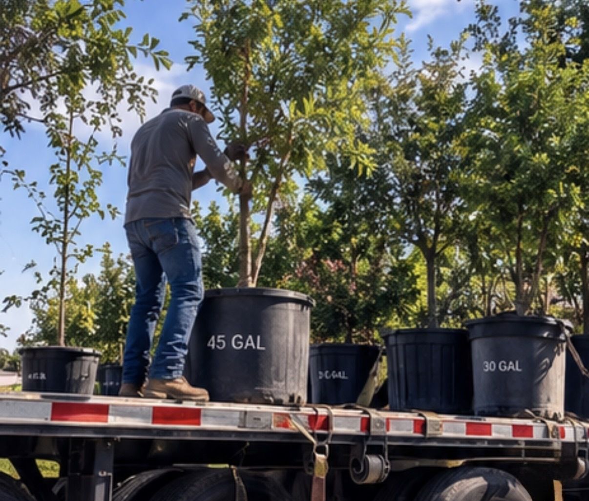 45 gallon and 30 gallon container-grown trees loaded on a flatbed trailer for delivery